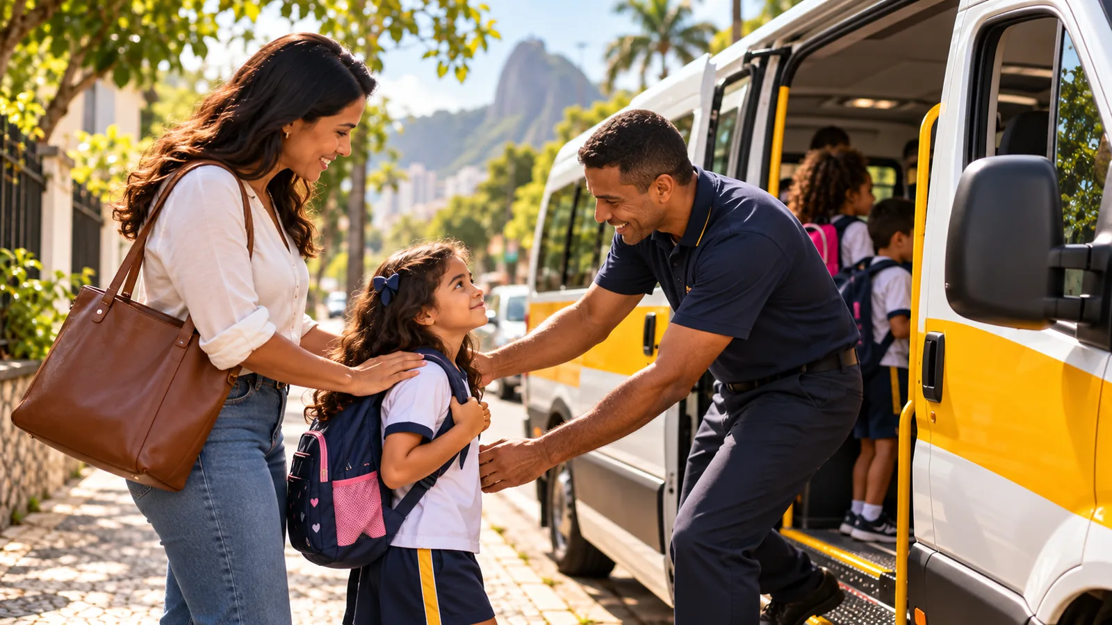Motorista recebe uma criança na porta da van escolar, ao lado da mãe