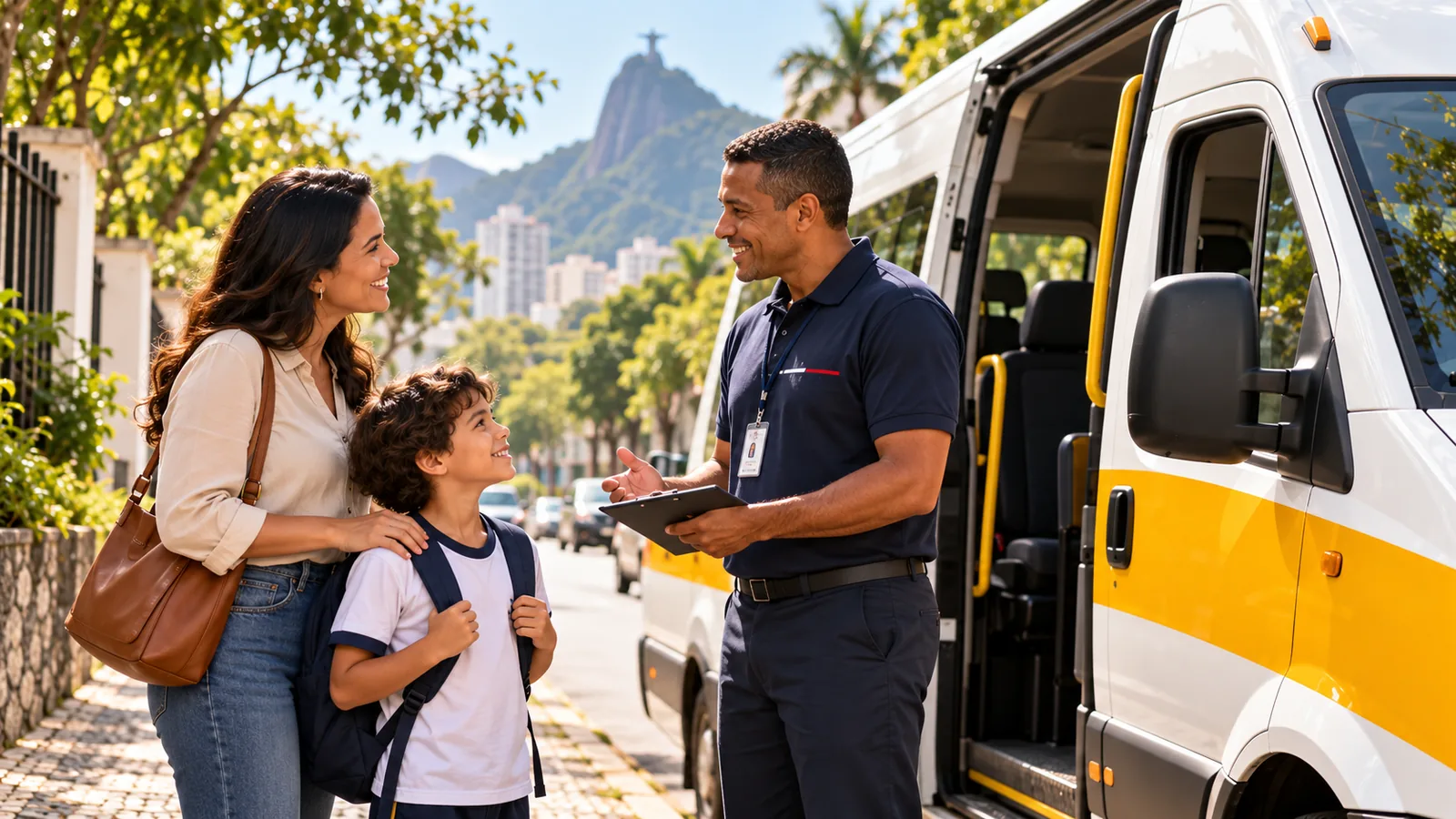 Mãe e filho conversam com o motorista ao lado da van escolar