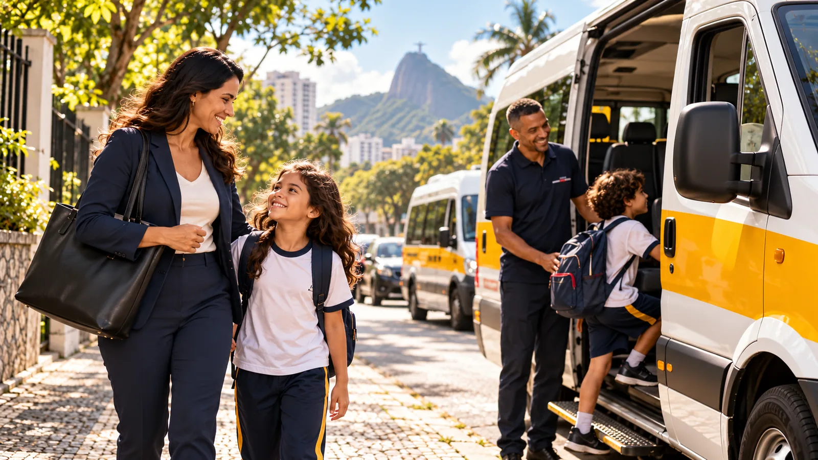 Mãe a caminho do trabalho acompanha a filha até a van escolar